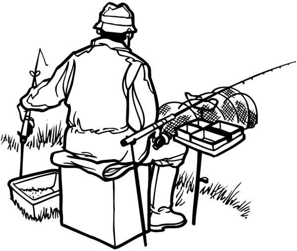 Fisherman setting out poles vinyl sticker. Customize on line. Fishing 038-0095
